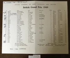 1949 BRITISH GRAND PRIX LAP CHART, BARON DE GRAFFENRIED WINS **(Facsimile Copy)*