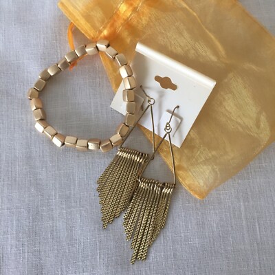Gold-tone Statement Fringe Dangle Earrings and Rectangular Bead Stretch Bracelet