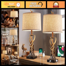 Rustic Deer Antler Table Lamps Set of 2 - Farmhouse USB A C Ports, Cabin Decor