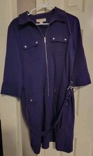 Michael Kors Purple Zip Front Utility Dress Large Silver Hardware Belted Safari