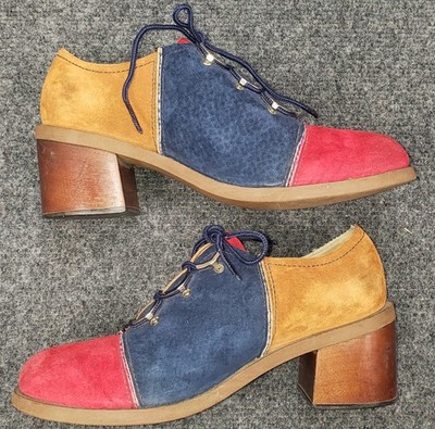 Vintage Connie Suede Shoes Womens 7 Colorblock Wood Heels Groovy Hip