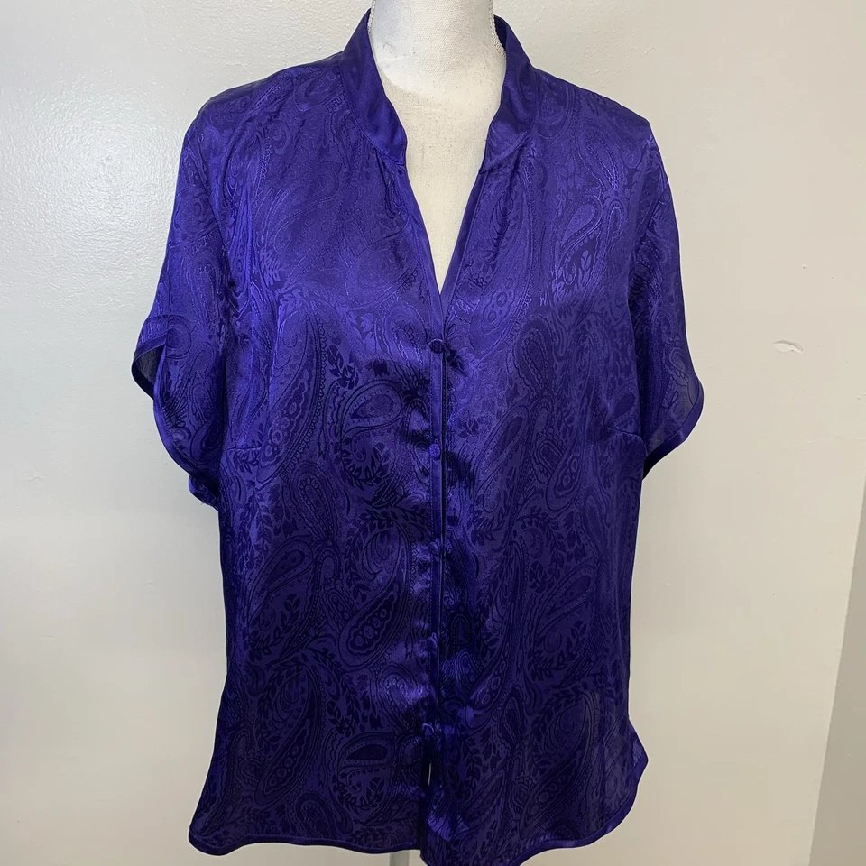 Cacique Pajama Set Satin Purple Pants Button Up Top 18/20 Sexy Sensual Lounge - Image 2 of 4