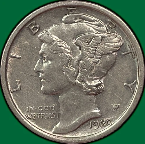 1920-S Mercury Dime Silver Almost Uncirculated AU Coin Scratch Below Nose #33265
