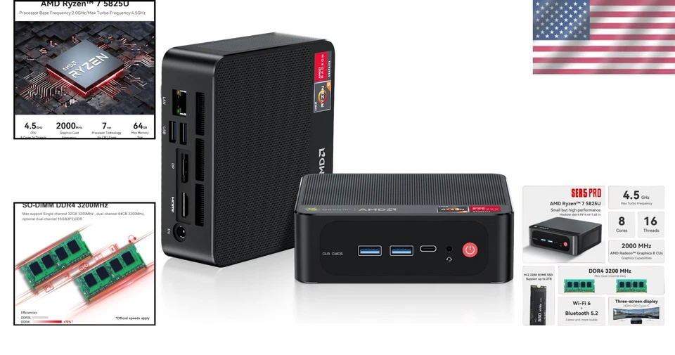 4K Mini PC with AMD Ryzen 7 5825U, 16GB RAM & 500GB NVMe, Triple Display Support - Image 2 of 4