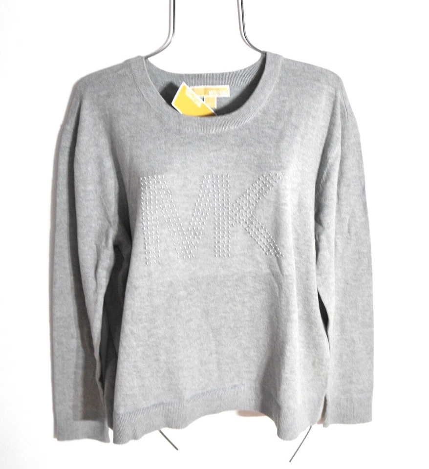 Suéter tejido para mujer Michael Kors XL gris plata tachonado logotipo MK manga larga nuevo con etiquetas Foto 4 de 4
