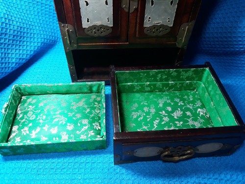 Old Chinese Hand Carved Jade Brass Wood Jewelry Box Chest Cabinet With Lock... - Picture 7 of 12