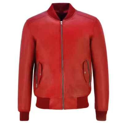 Blouson bombardier homme cuir véritable agneau rouge motard moto veste fait main - Photo 1/4