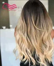 Real hair! New Beautiful Women's Brown Mix Blonde Wavy Human Hair Wigs 26In