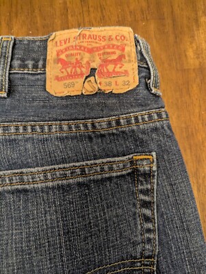 Levis 569 Jeans Mens 38x32 Blue Dark Wash Loose Fit Straight Leg Back Tag Damage