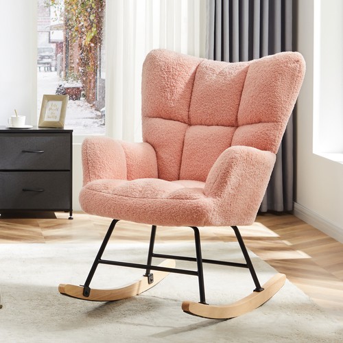 Teddy Rocking Accent Chair Wingback Chair Padded Seat Lounge Reading Armchair - Picture 11 of 14