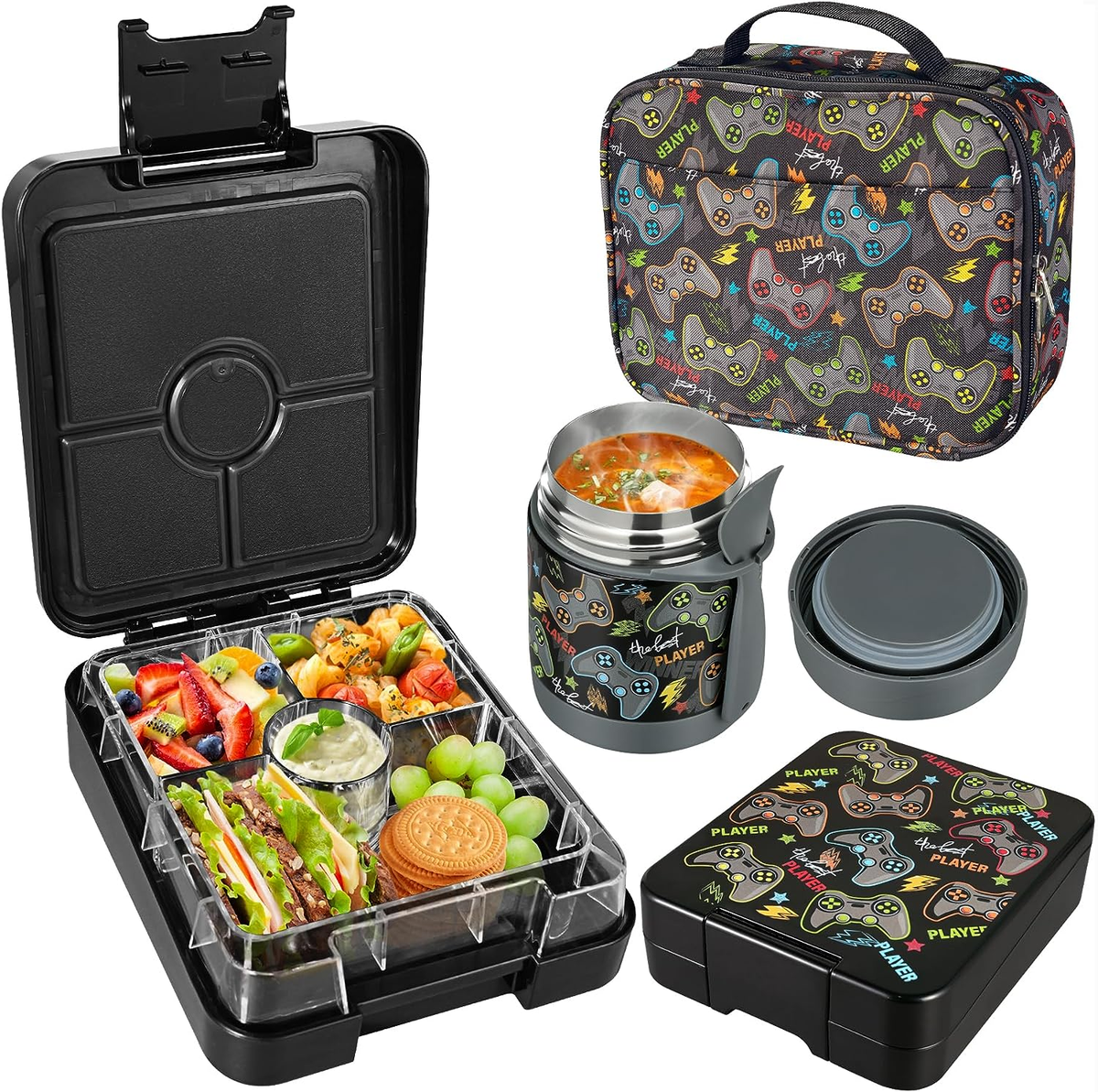 Bento Lunch Box Set with 10oz Soup Thermos, Kids Leak-Proof Container Lunch  Bag