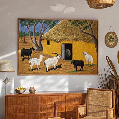Kulturelle afrikanische Dorfhütte und Ziegenherde Szene rustikal Bauernhaus Wanddeko Lan