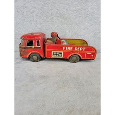 Vintage Marusan SAN Japan Tin Litho Fire Dept Truck FD-11 Red Friction Toy 10.25