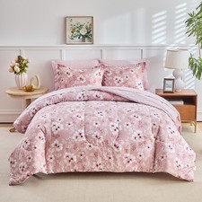 Queen Comforter Set- 7 Pieces Floral Bed in a Bag, Flowers Pink Design Comfor...