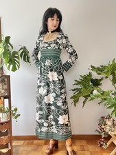 1970s Lanvin Paris MOD Floral Geometric Print Knit Jersey Maxi Dress XS/S Boho