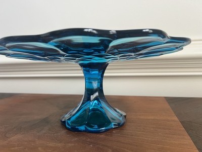 L E SMITH GLASS  CAKE STAND DOMINION PATTERN TURQUOISE -BEAUTIFUL