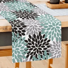 Dahlia Flowers Table Runner Linen 72 Inches Long,Floral Teal Grey Table Runne...