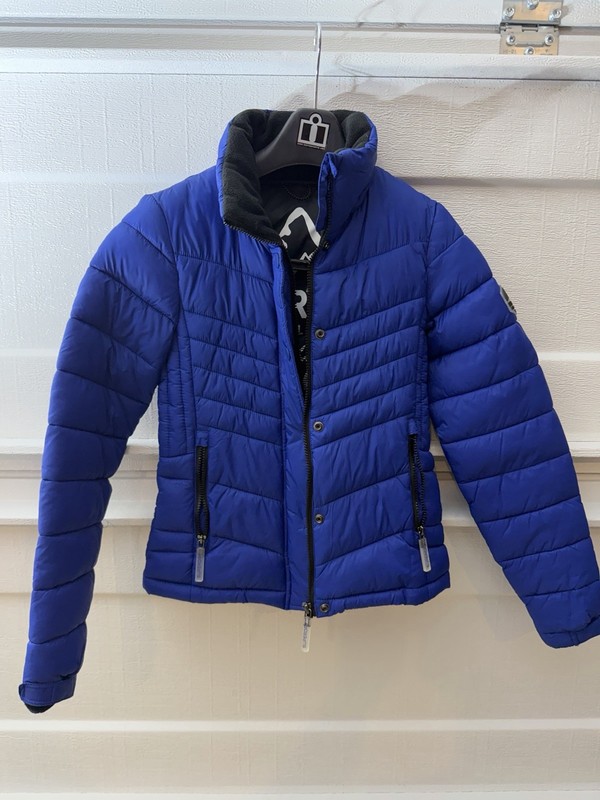 Superdry Hooded Fuji Women’s Blue Puffer Jacket S Slim Fit Short Zip Pockets