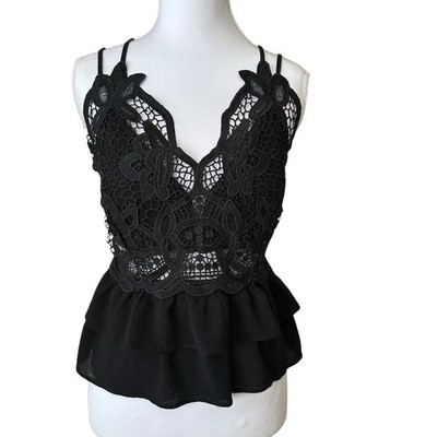 Moa Moa Black Lace Cropped Tank Top Sz XL Fishnet Ruffle Festival Whimsigoth