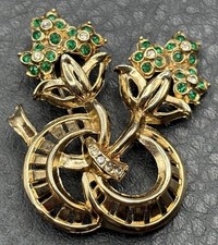 Vintage Double Flower Bouquet Brooch Green Rh...