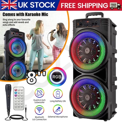 Dual 8" Portable Bluetooth Speaker Subwoofer Heavy Bass Sound System Party Mic - Image 1 of 4
