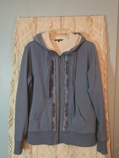 Eddie Bauer Fleece Lined Hooded Cardigan Slate Blue Stitched Detail Sz LT