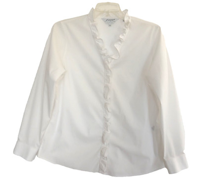 Foxcroft NYC White Ruffled Blouse Button Up Stretch Long Sleeve Ladies Size 14