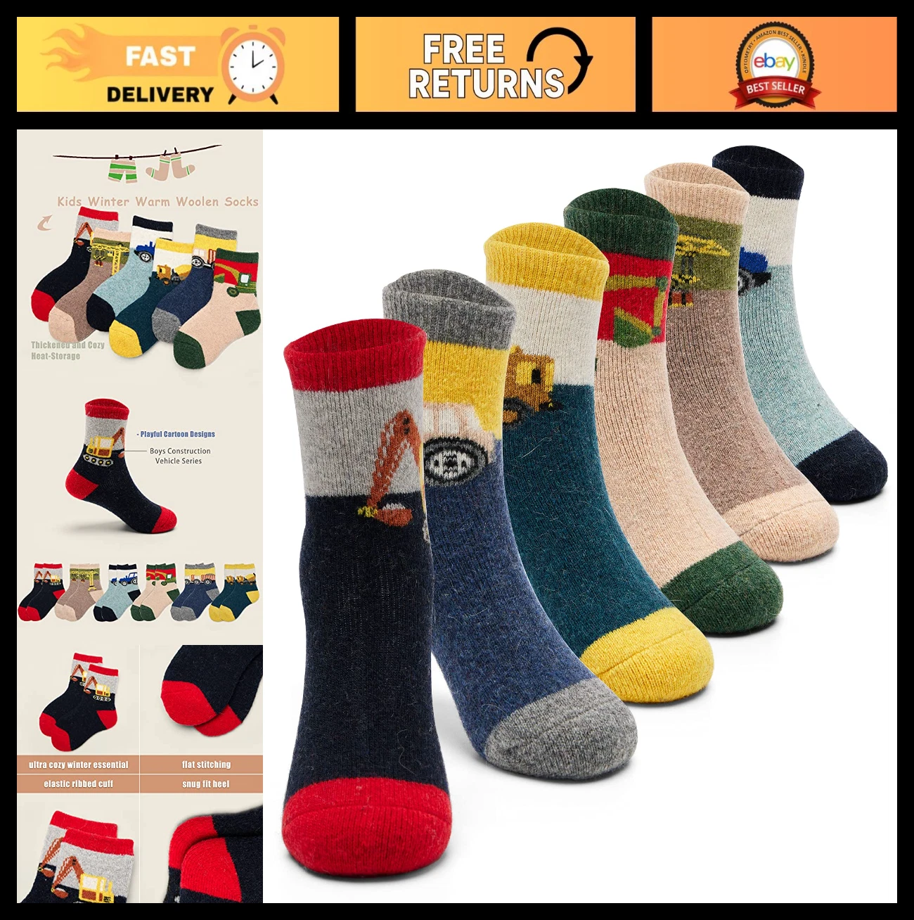 Thick Thermal Wool Socks for Boys - 6 Pairs Kids Winter Crew Socks, Warm & Cozy