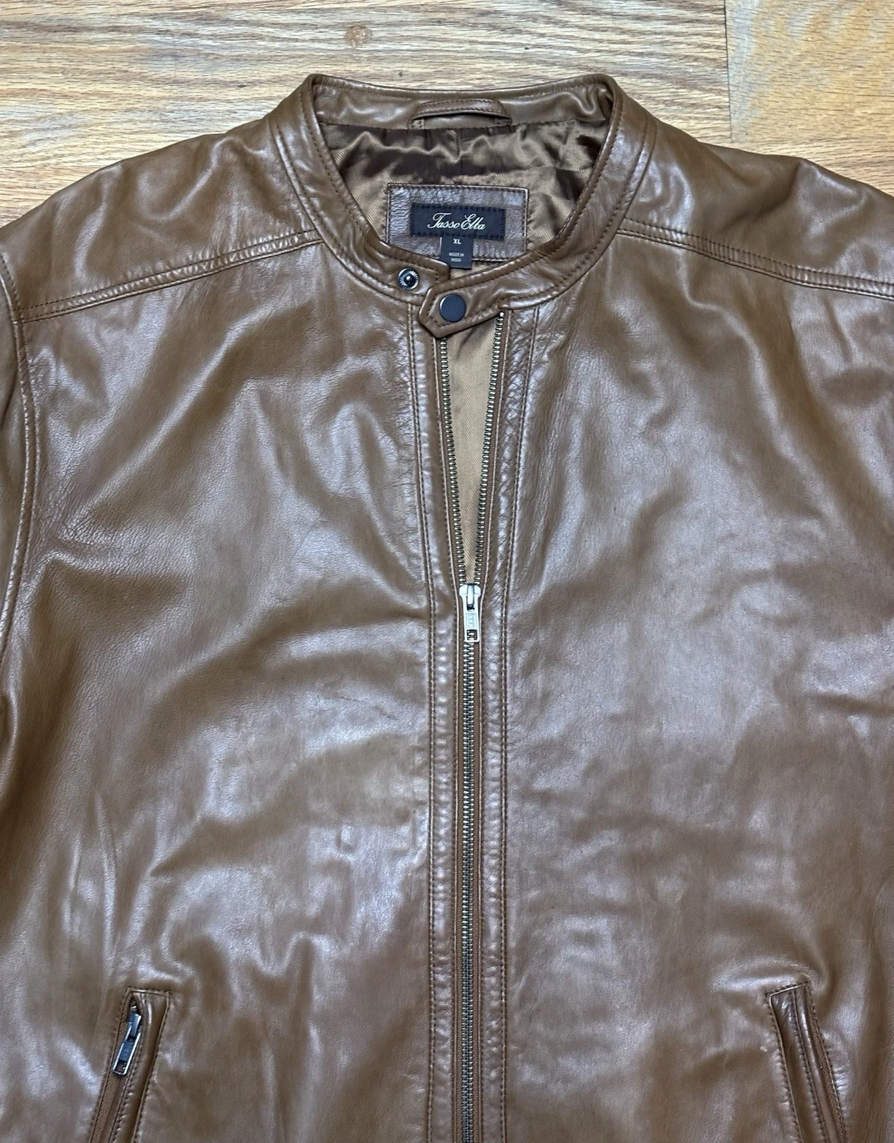 TASSO ELBA Mens Brown Soft Leather Cafe Racer Motorcycle Full Zip Jacket Sz XL image 2