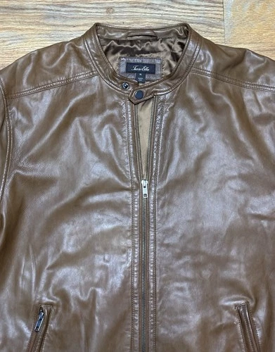 TASSO ELBA Mens Brown Soft Leather Cafe Racer Motorcycle Full Zip Jacket Sz XL image 2