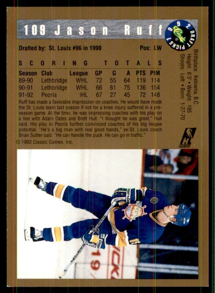 1992-93 Classic Draft Picks Jason Ruff Peoria Rivermen #109 - Image 2 of 2