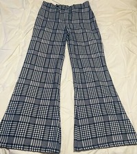VTG 70s Plaid Wide Bellbottom Blue Pants Linen Hippie Jacket 31x40