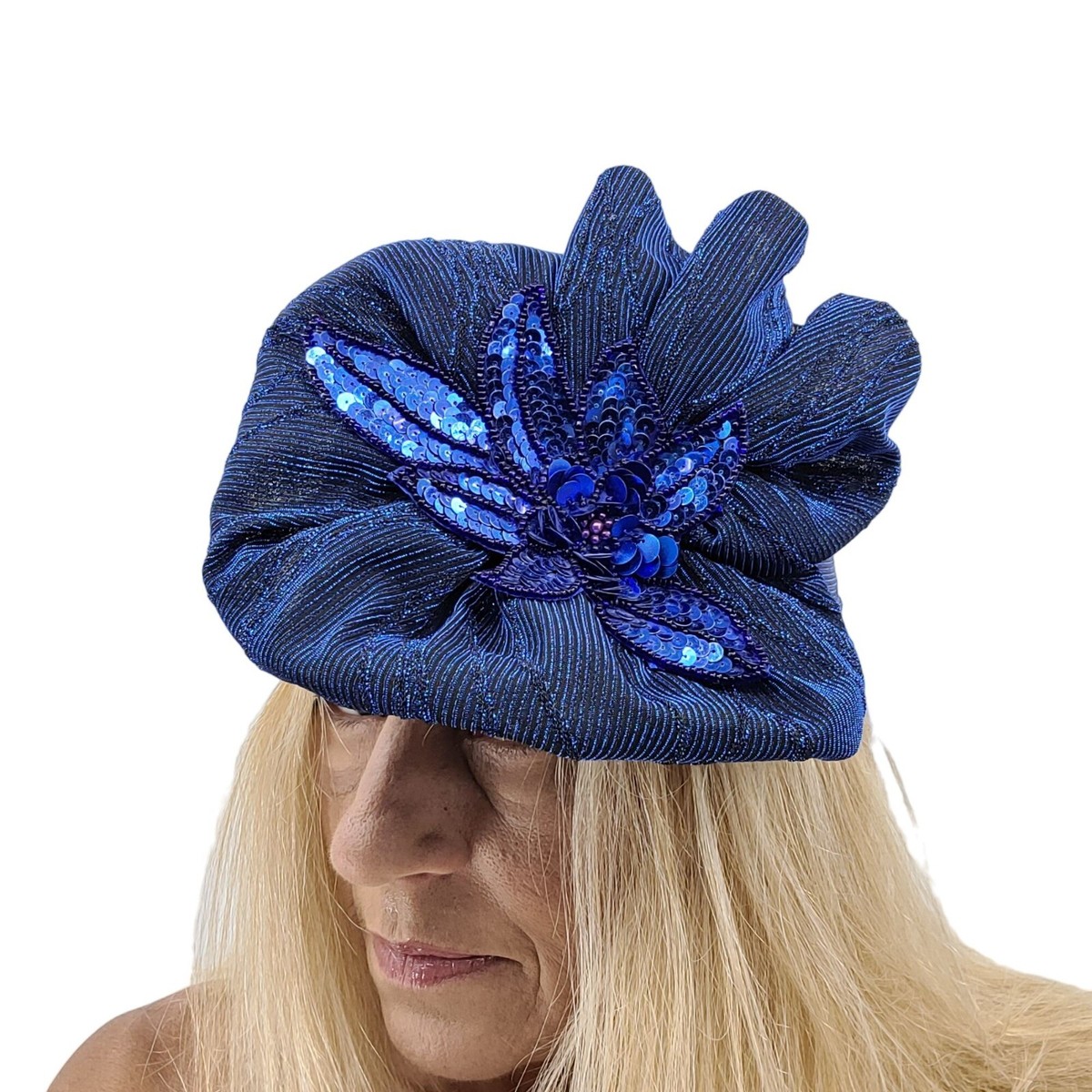 Vintage 80s‎ Flapper Hat Blue Sparke Metallic Sequin 3D  display picture 1