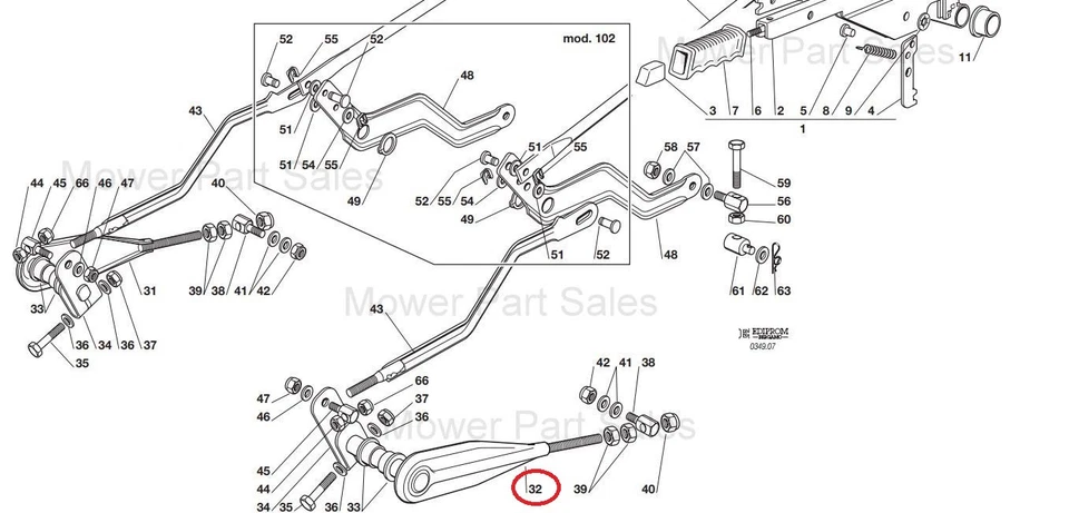 Brazo elevador de plataforma de palanca Fulcrum delantero izquierdo 102 Castel Garden TCX102 Mountfield Honda - Imagen 2 de 3