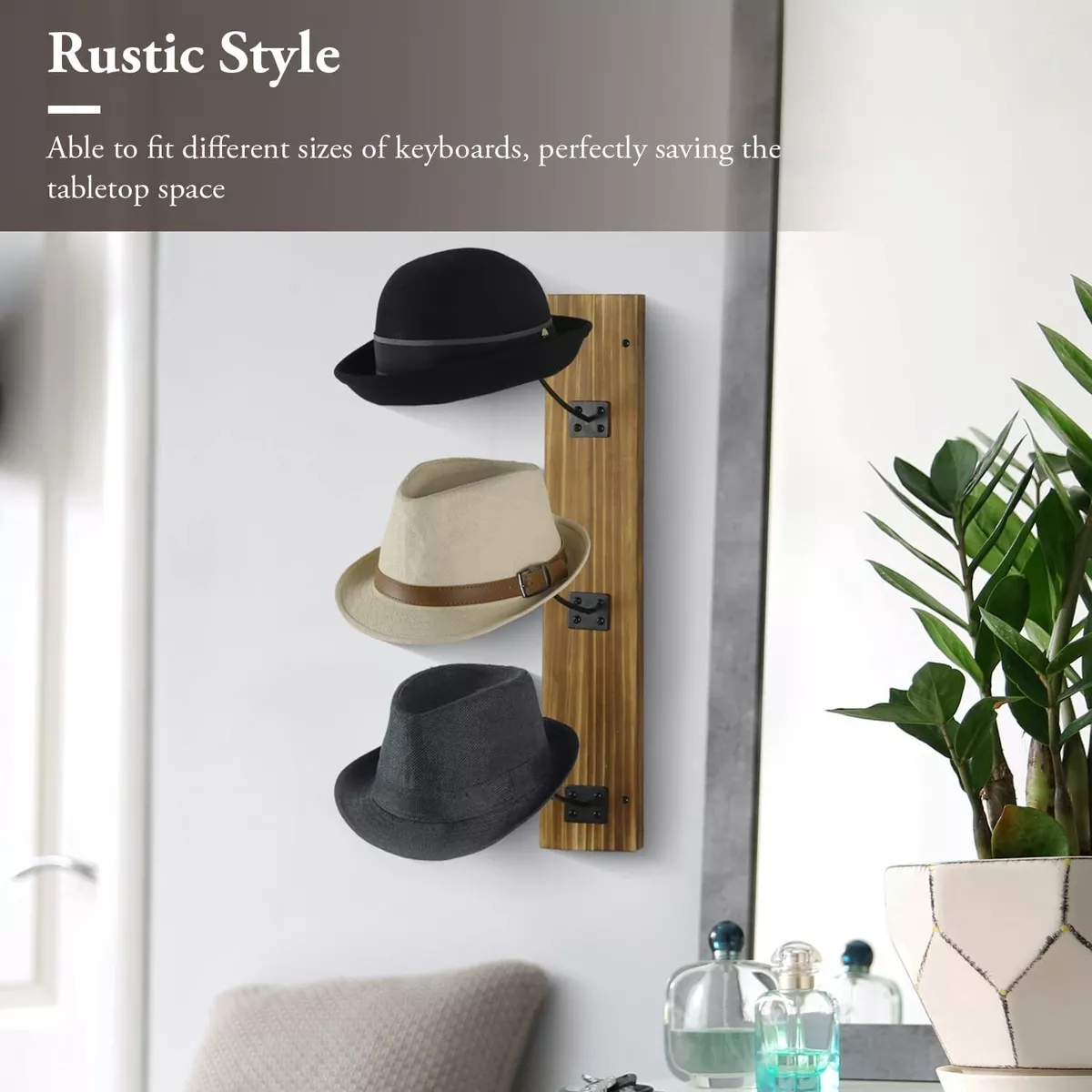 Rustic Burnt Wood Hat Rack for Wall, Hat Rack with Cast Iron Horseshoe Shaped Hanger Hooks