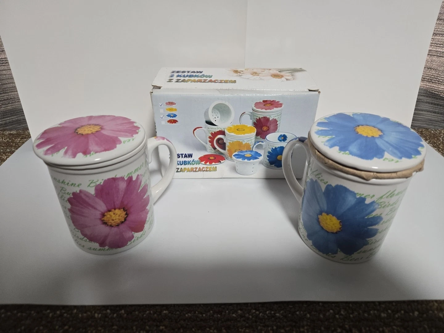 Polish Porcelain Tea Infuser Mug Set 2 Floral Lidded Steeping Cups New
