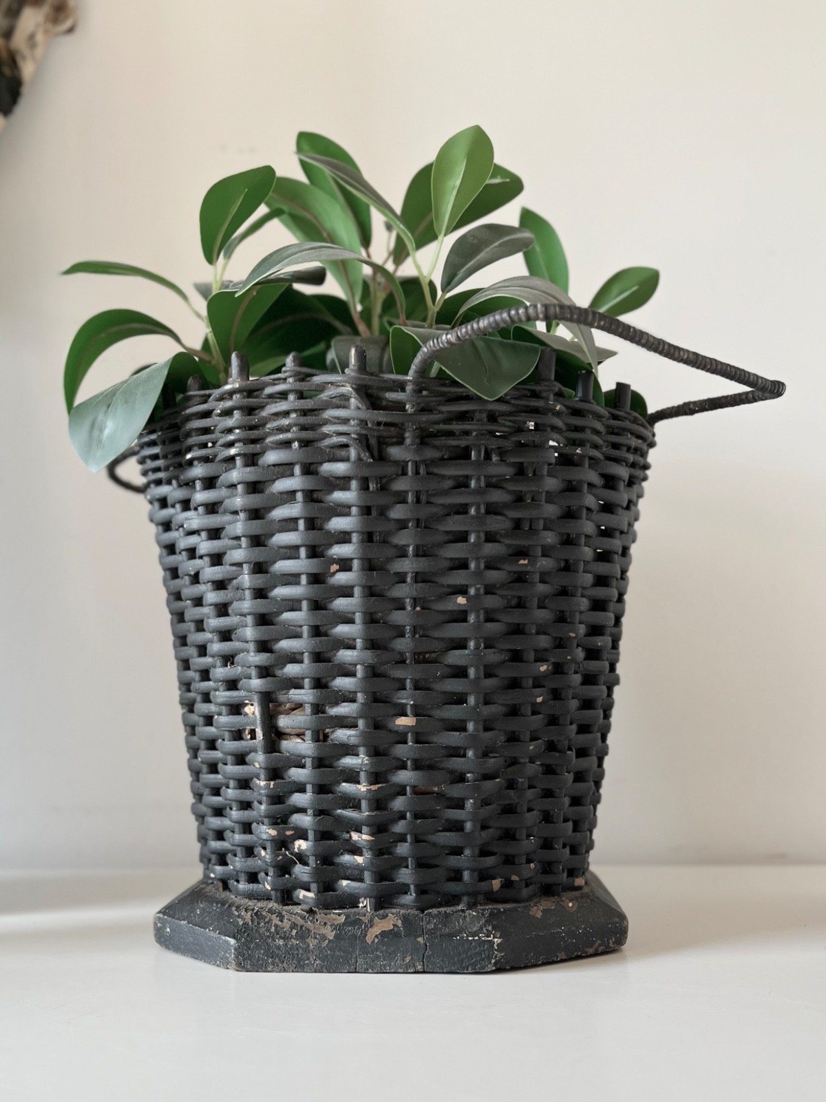 Antique Funeral Flower Basket Black Painted Wicker Woven Mourning Display