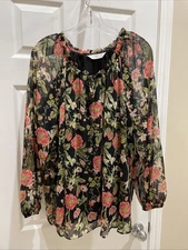 LC Lauren Conrad Women Sz 1XL  Gorgeous Black Floral Long Sleeve blouse Top
