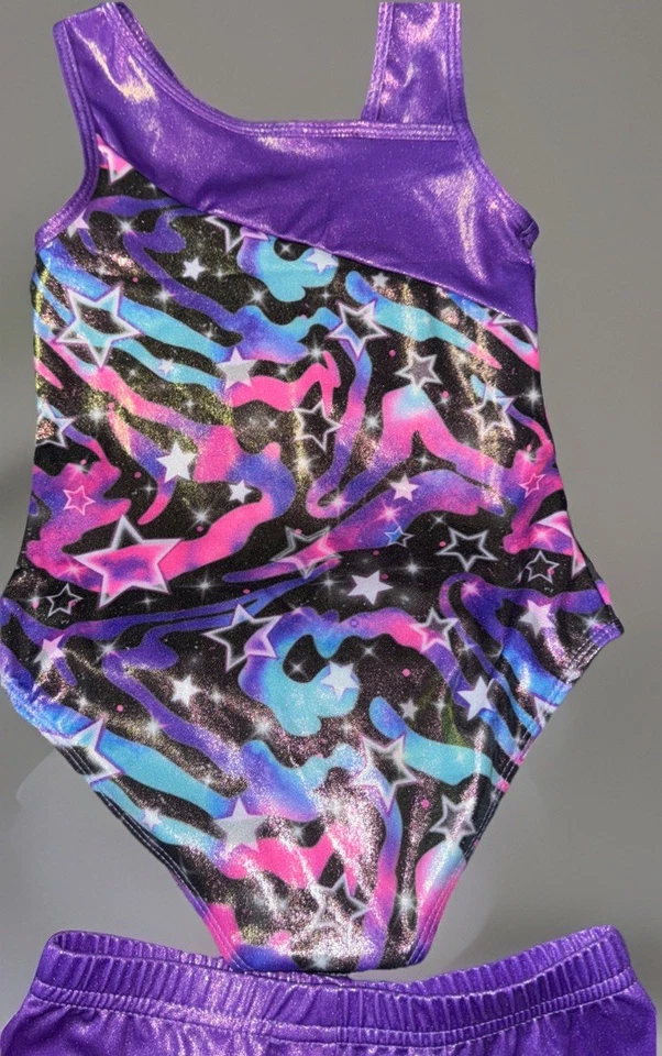 Niñas Conjunto de Baile Atlético Metálico Sin Mangas Gimnasia Leotardos con Pantalones Cortos 7Y Foto 2 de 4