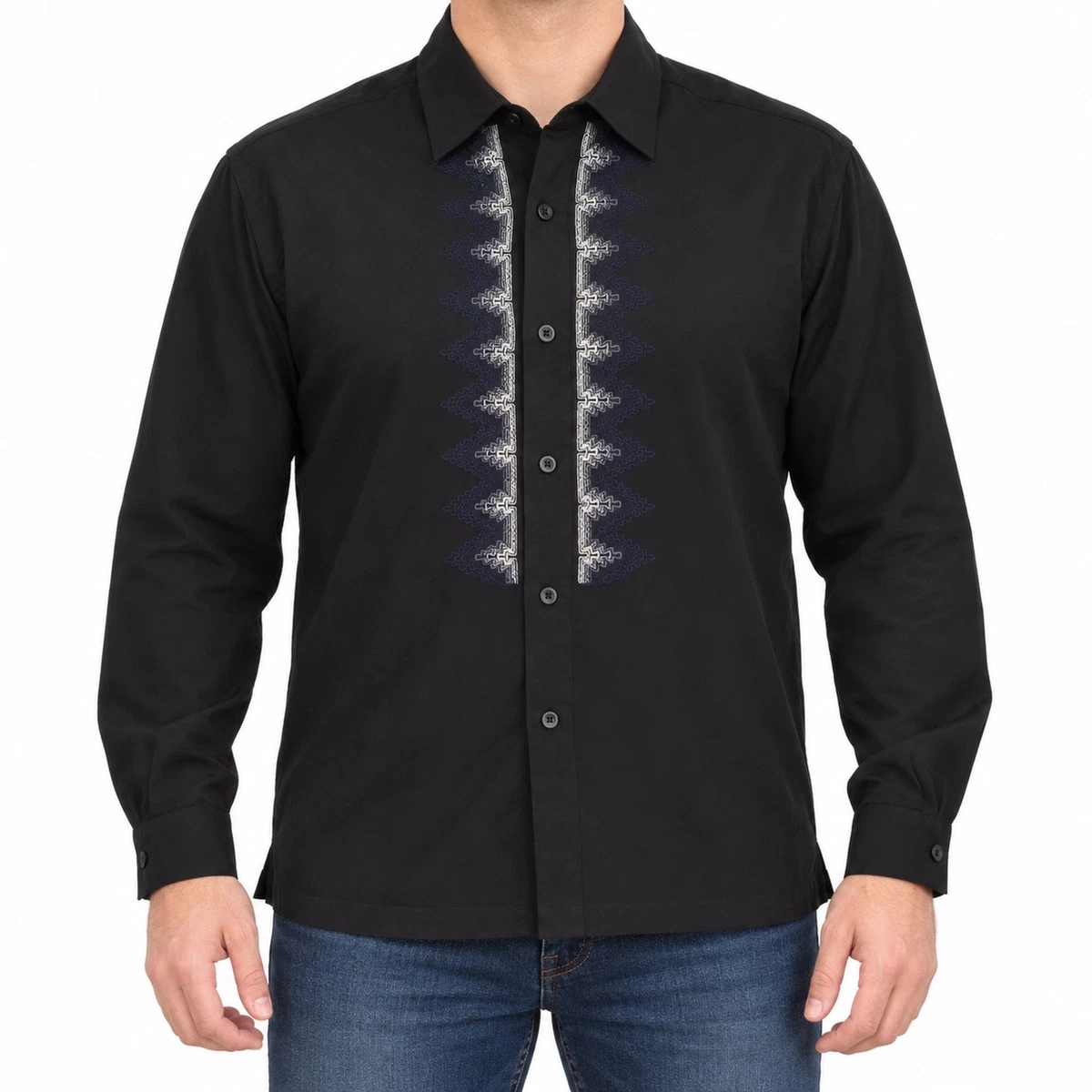 Camisa Guess Jeans Para Hombre Grande Negra Geométrica Bordada Rayón Manga Larga