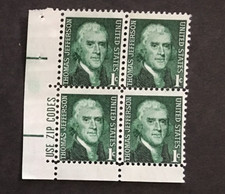 Thomas Jefferson Zip block of 4 stamps perf. shifted up MNH OG #1278