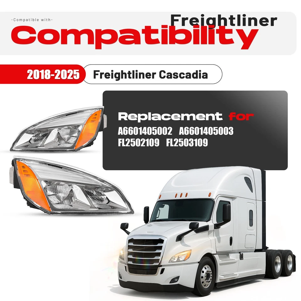 For Freightliner Cascadia 2018-2025 2022 23 Full LED Chrome Headlights Headlamps - Image 2 of 4