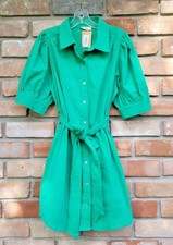 NEW Entro Collared Button Front Green Short Dress Sz MED Pockets Puff Sleeves