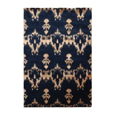 Ikat Hand Knotted Wool and Bamboo Silk Tibetan Oriental Area Rug Navy 4'1" x 6'