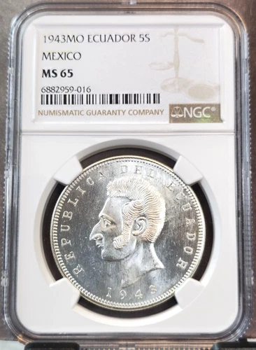 1943 ECUADOR SILVER 5 SUCRES ANTONIO JOSE DE SUCRE NGC MS 65 SCARCE GEM BU