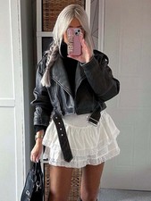 Imane Black Washed Faux Leather Pu Zip Up Belted Cropped Biker Jacket