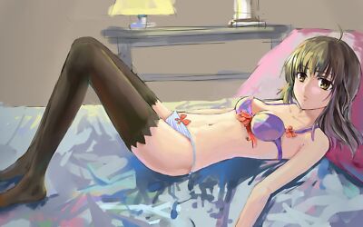 Anime girls long hair brown eyes bed bikini legs slim Playmat