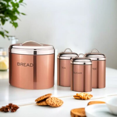 4 Stück Küche Vorratsdose Kanister Set Luftdicht Deckel Brotkasten Tee Zucker Rosegold