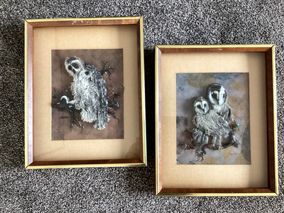 OWL ART FRAMED HAND SIGNED 3D FEATHERS NATIVE AMERICAN ARTIST GLAD WOLF LOT OF 2