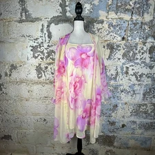 Lord & Taylor Floral Print Robe and Nightgown Set Pink Yellow Sheer Lingerie